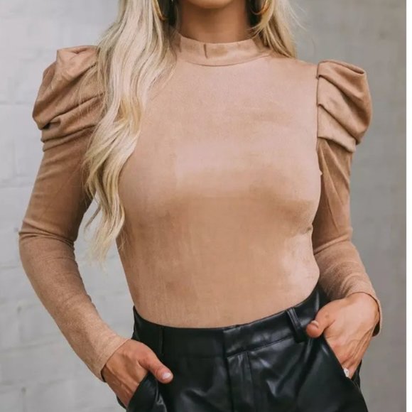 Puff Sleeve Suede Bodysuit - Picture 1 of 2